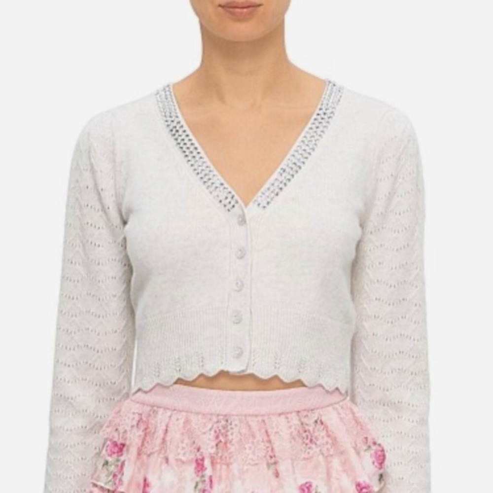LoveShackFancy Brynner Soft Wool Cashmere Crystal Embellished Cardigan Sweater